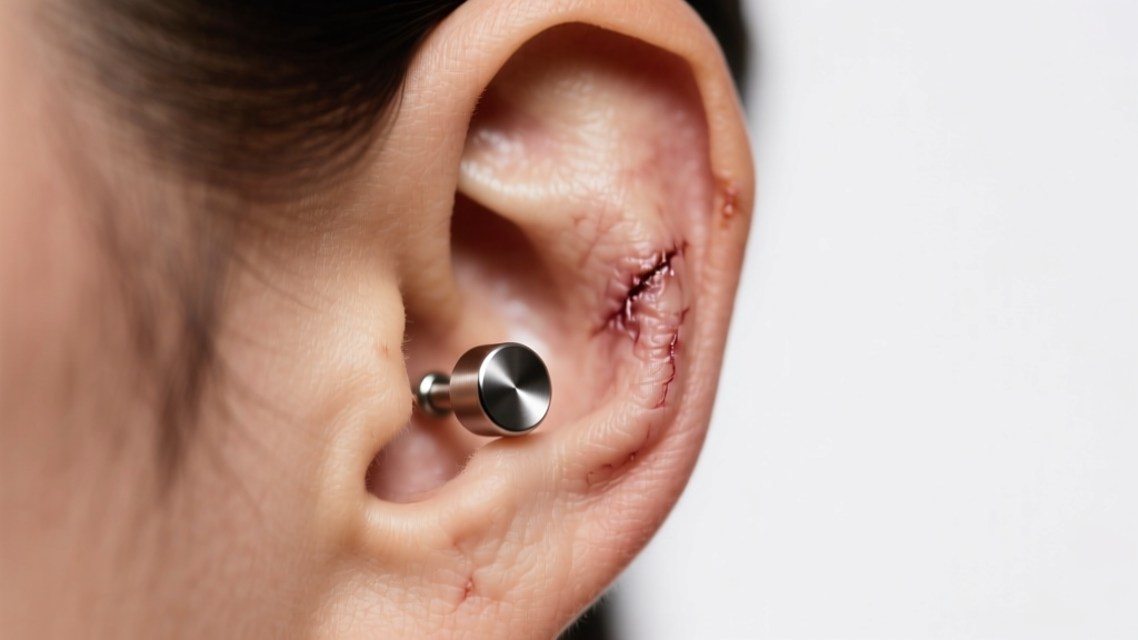 Close-up of a healed earlobe with slight scar tissue wearing a smooth flat-back titanium labret stud under soft studio lighting
