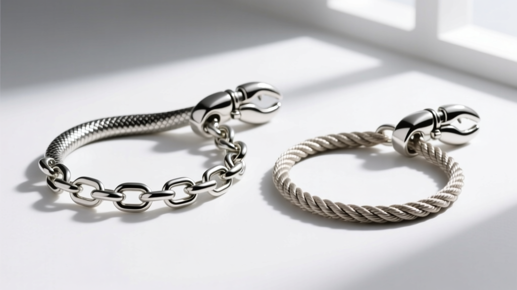 Comparison of a hollow snake chain and a solid 2mm rope chain, both attached to silver lobster clasps on a clean white background.