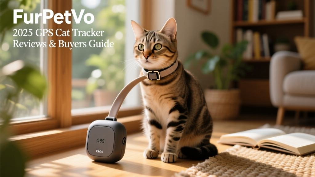 FurPetVo Cube GPS tracker—a compact, rounded device with a soft silicone strap, mounted on a cat collar