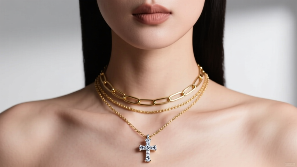 A model wearing a layered necklace stack featuring a small 0.25ct diamond cross pendant paired with a gold paperclip chain.