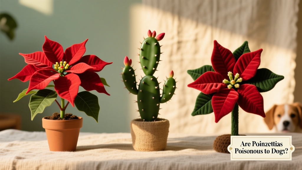 Side-by-side comparison: a poinsettia plant next to dog-safe alternatives like a Christmas cactus and a realistic faux poinsettia
