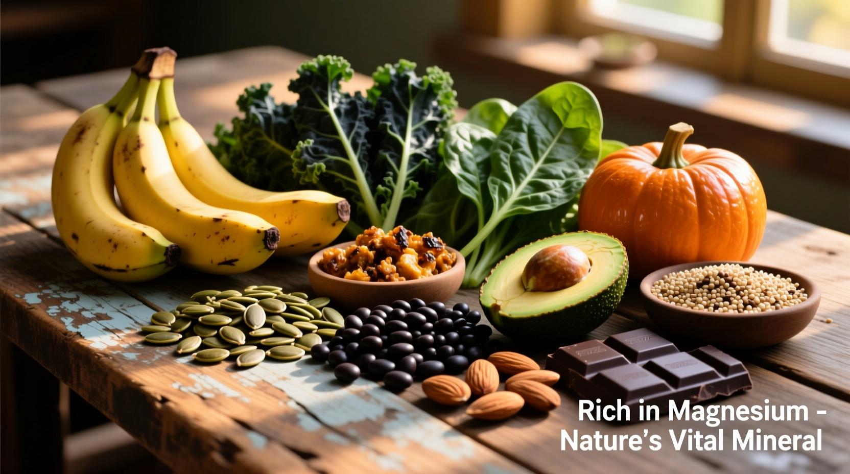 Colorful array of magnesium-rich foods on wooden table