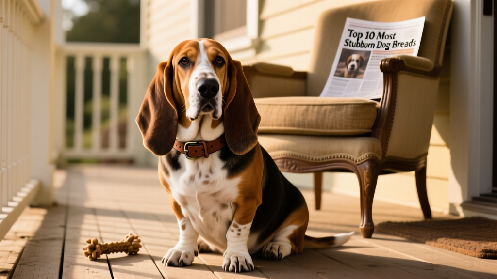 A Basset Hound sitting calmly but looking slightly unimpressed, ears draped over its shoulders