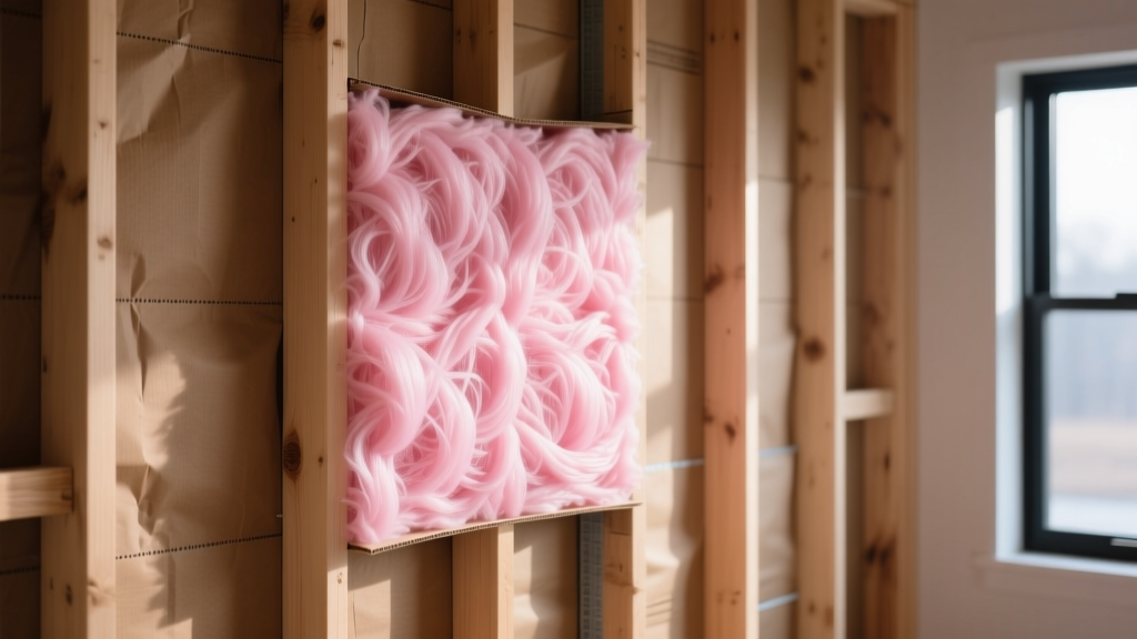 Pink fiberglass insulation batts between wooden wall studs, showing the intricate spun glass fiber matrix and brown kraft paper facing.