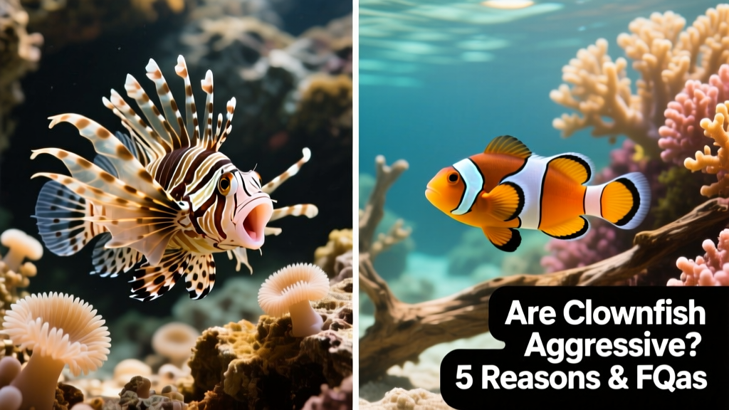 Side-by-side comparison showing a wild-caught clownfish flaring its fins defensively versus a relaxed, captive-bred clownfish swimming peacefully near coral