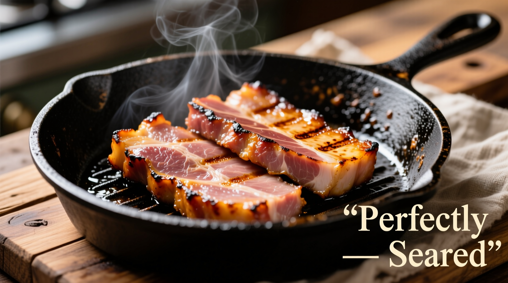 Perfectly seared ham slices in cast iron skillet