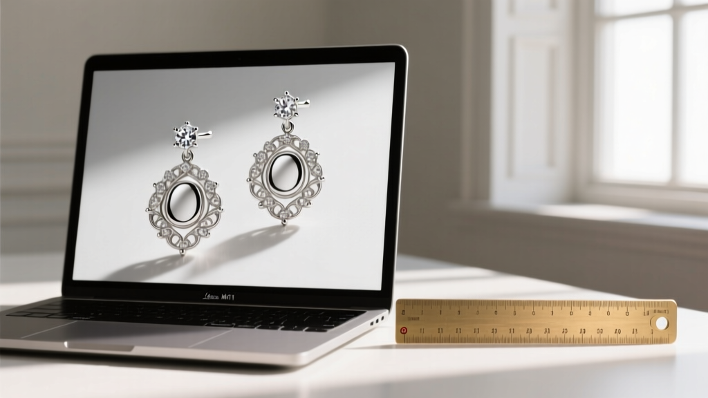 Laptop displaying macro earring images next to a brass ruler for size comparison, bright natural window lighting, sharp focus.
