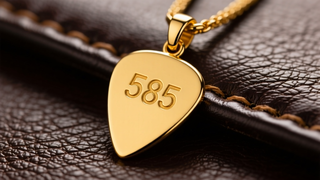 14k yellow gold guitar pick pendant on dark leather, showing the 585 hallmark and beveled edges under soft, warm studio lighting.