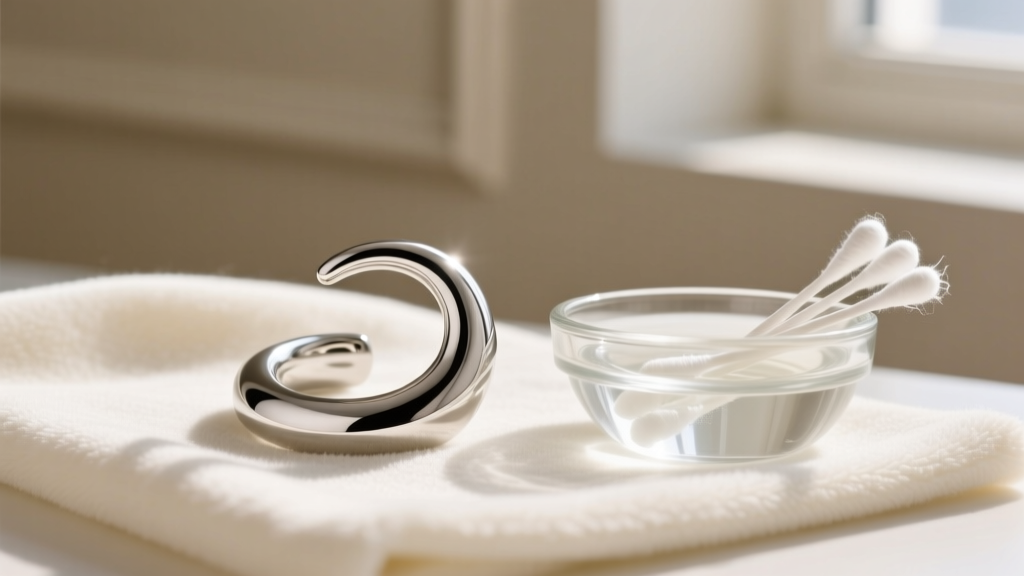Silver faux helix ear cuff resting on a microfiber cloth beside a small glass bowl of gentle cleaning solution and cotton swabs.