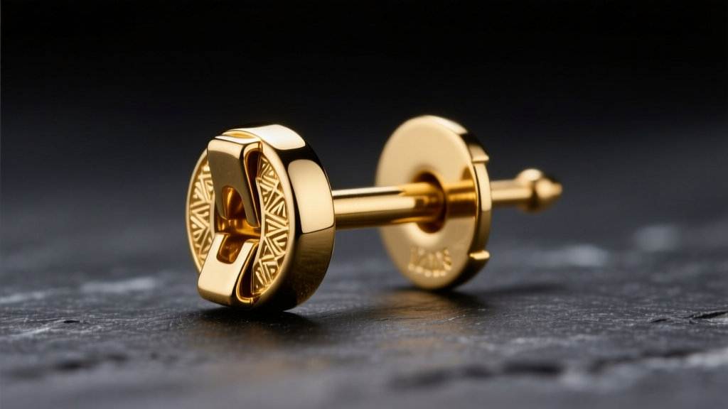 Macro shot of a 14k gold earring post with a secure locking clutch back on dark slate under soft studio lighting.