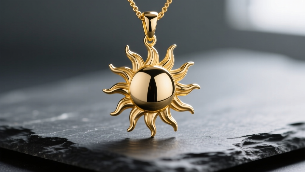 Macro shot of a solid 14k yellow gold sun pendant with intricate cast rays and a polished center face resting on dark slate.