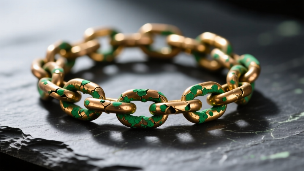 Close-up of a tarnished gold-plated copper chain on dark slate, showing green oxidation bleeding through microscopic surface pores