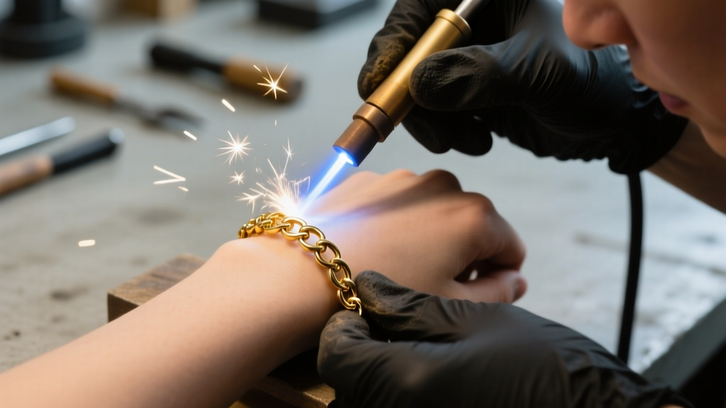 Close-up of a DIY jeweler using an arc welder to fuse a delicate 14k solid gold permanent bracelet link on a bare wrist in soft light
