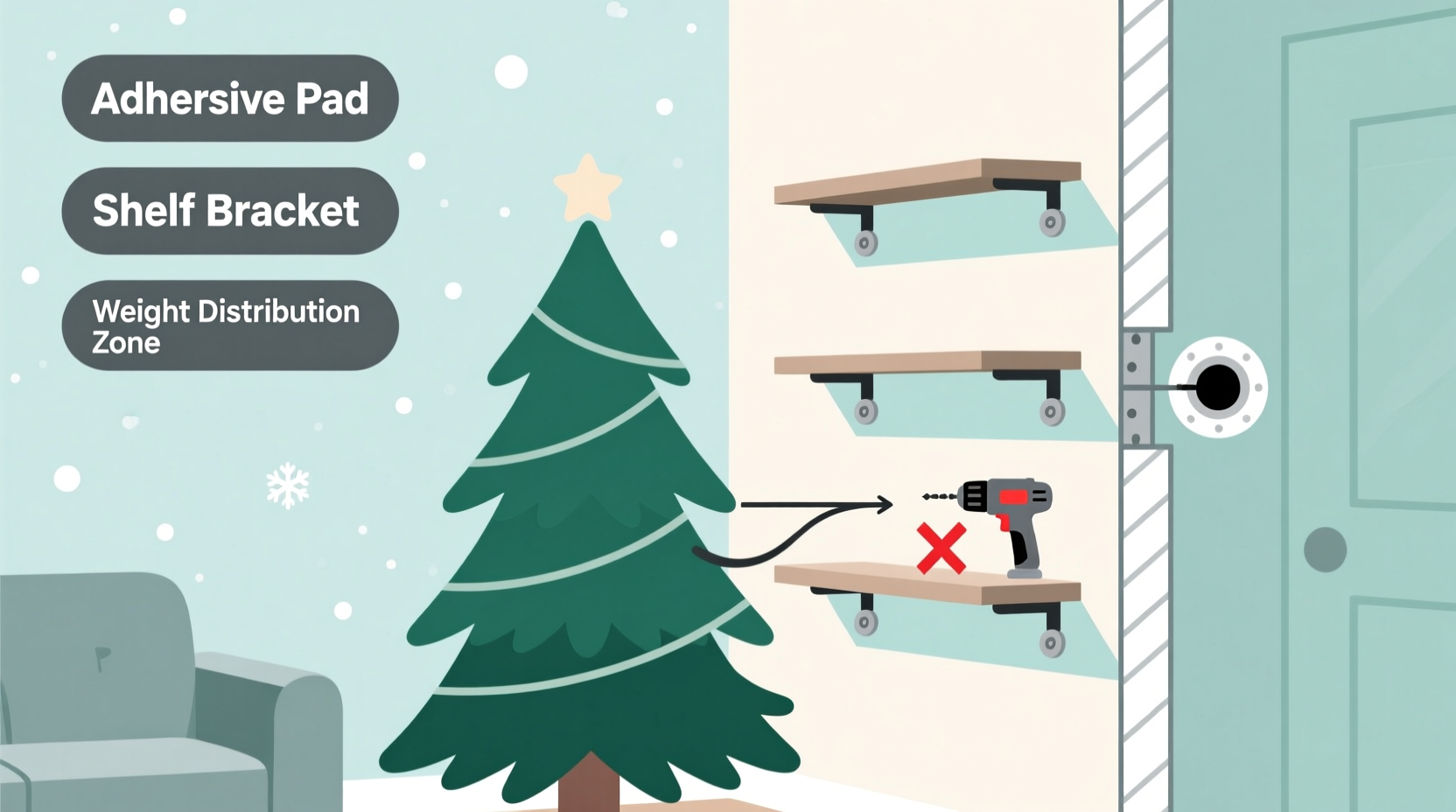 how to mount floating shelves above a christmas tree without drilling into studs or compromising stability