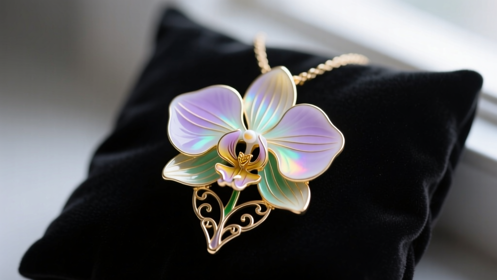 An Art Nouveau vintage enamel flower necklace featuring a translucent plique-à-jour orchid pendant resting on dark velvet.