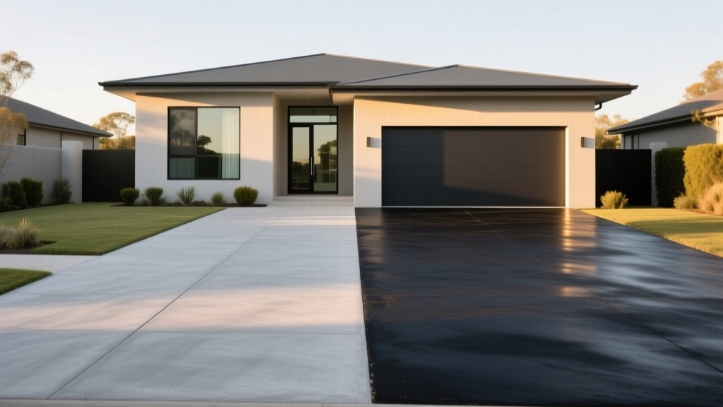 Split-view of a light gray broom-finished concrete driveway and a dark asphalt driveway leading to a modern suburban home