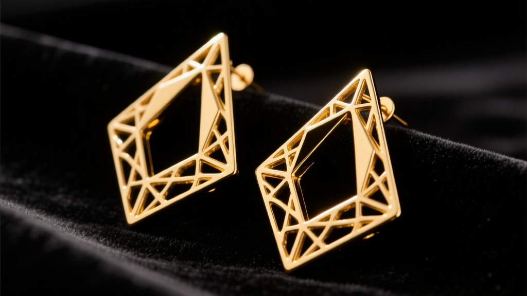 Close-up of oversized geometric gold-plated vintage 80s earrings resting on dark velvet, illuminated by warm studio lighting.