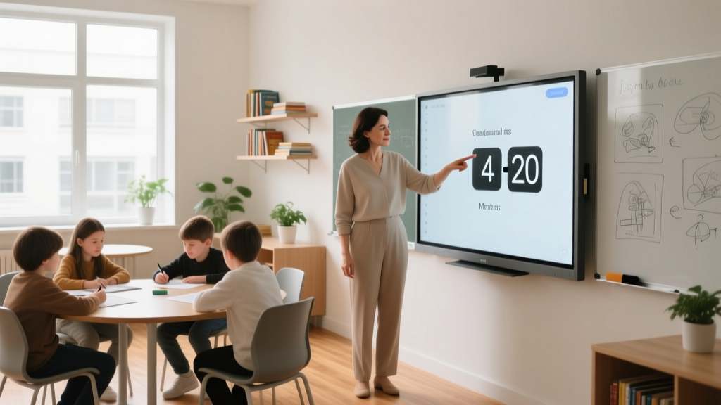 A teacher pointing to a digital classroom timer on an interactive smartboard while students work quietly on group assignments.