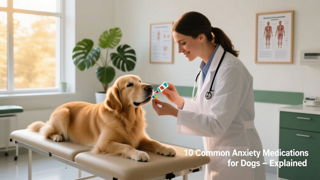 Veterinarian gently administering oral medication to a relaxed dog during a calm clinic visit