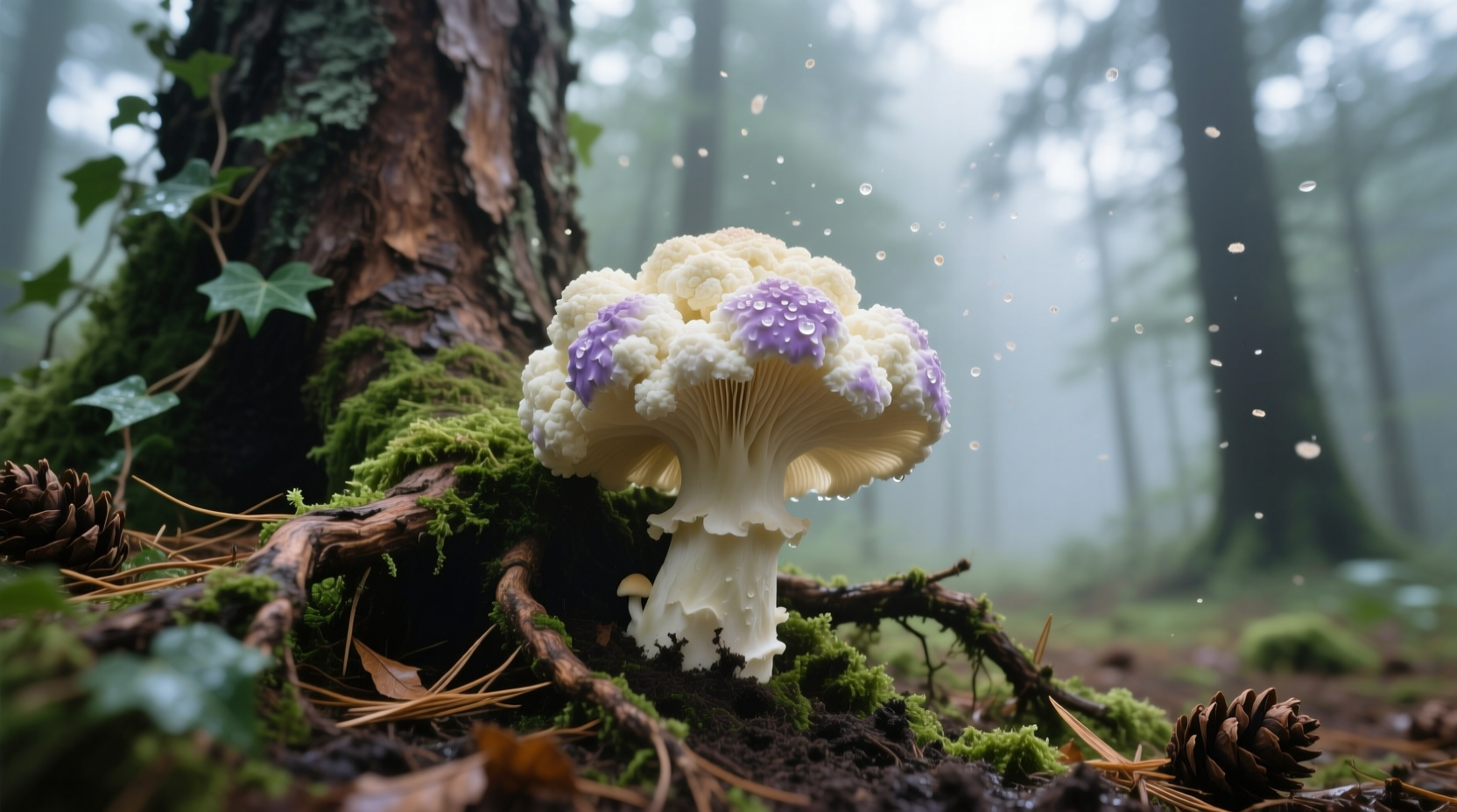 Fresh cauliflower fungus growing at base of pine tree