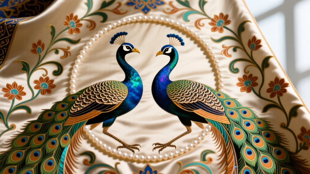 Close-up of a Sogdian-inspired silk samite textile featuring a pearl-roundel motif with confronting peacocks and floral scrolls