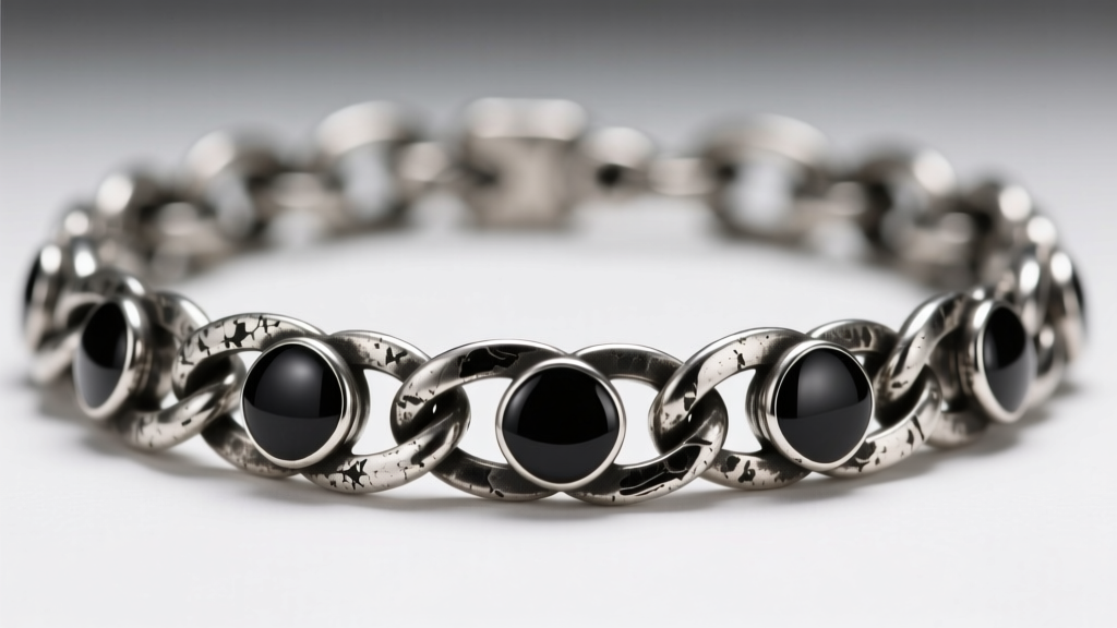 Detailed view of an oxidized silver chain necklace with black vitreous enamel inlay, highlighting contrast and textured metal.