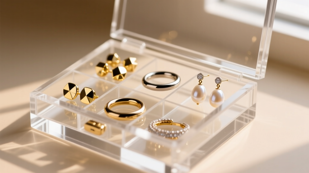 Macro shot of an acrylic earring box with compartments separating gold studs, titanium hoops, and freshwater pearl drop earrings.