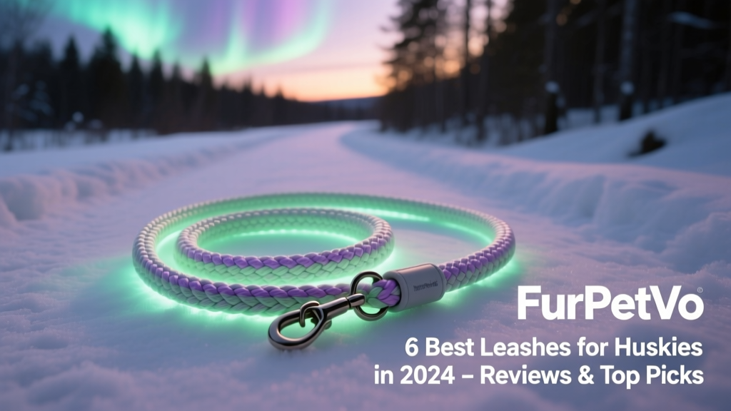 A glowing FurPetVo rope leash coiled on a snowy path at twilight, with faint aurora-like light visible around it