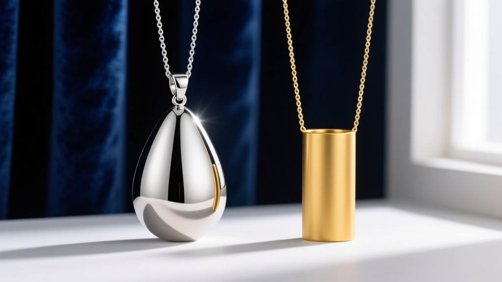 Side-by-side view of a polished 316L steel teardrop urn pendant and a matte 14k yellow gold cylinder memorial necklace on velvet