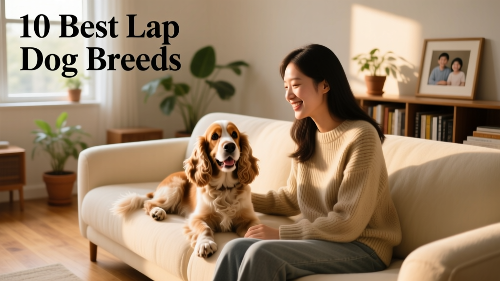A smiling Cocker Spaniel resting on a cozy sofa next to its owner