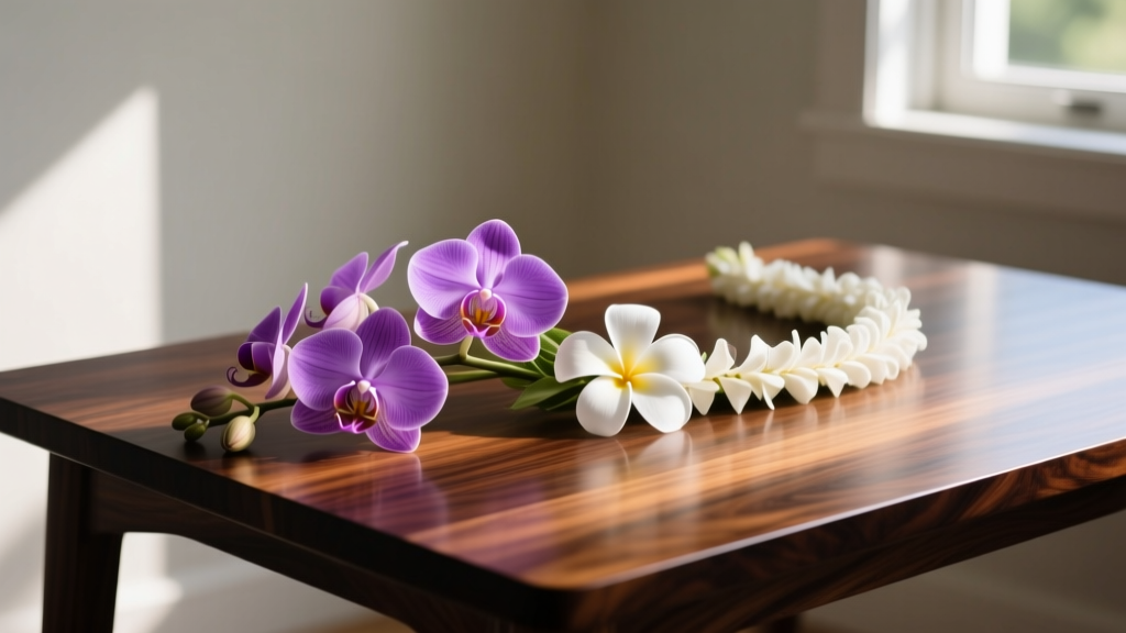 Purple orchid and white plumeria flower lei draped over a polished dark koa wood table, illuminated by soft morning sunlight.