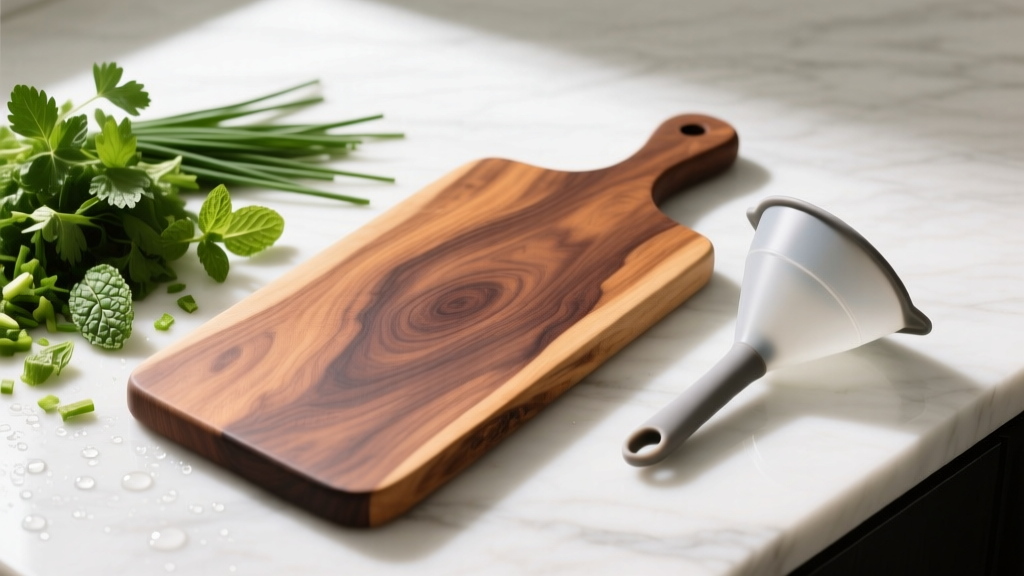 Overhead view of end-grain walnut cutting board beside a folded silicone funnel kitchen gadget and fresh chopped herbs on marble