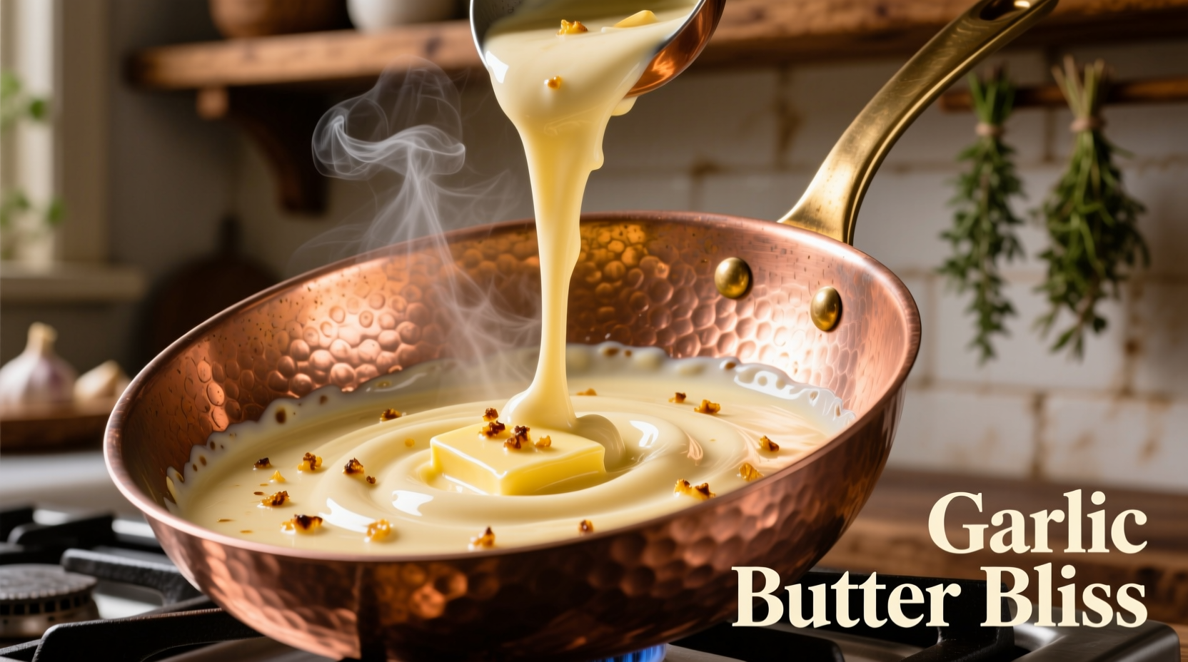 Creamy garlic butter sauce in copper pan