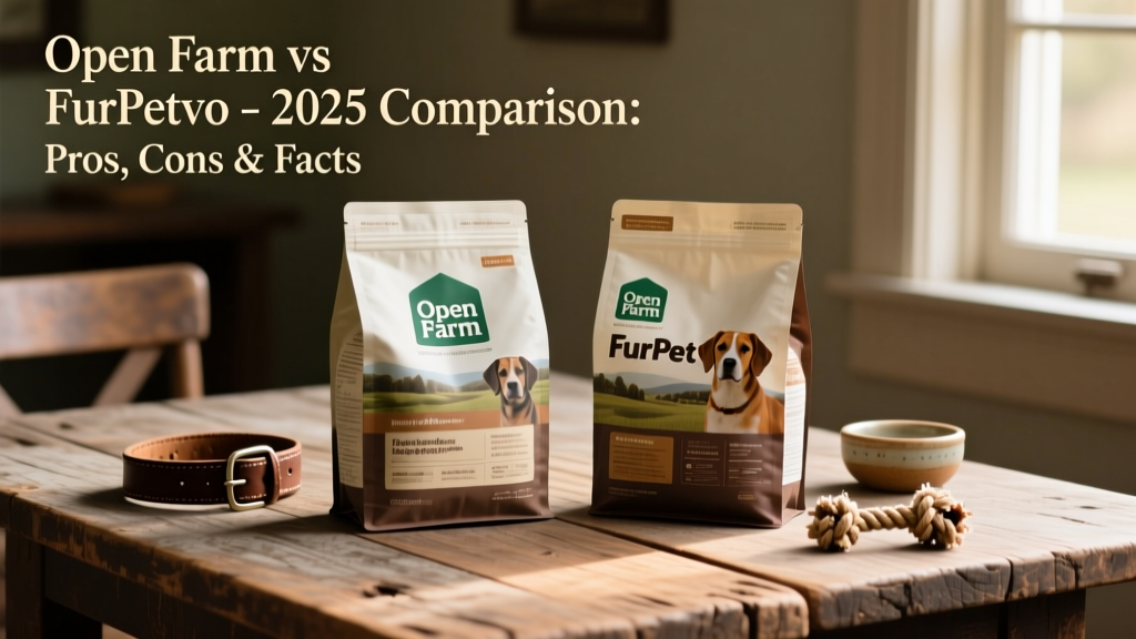 Side-by-side product shots of Open Farm and FurPetVo dry dog food bags on a clean wooden surface