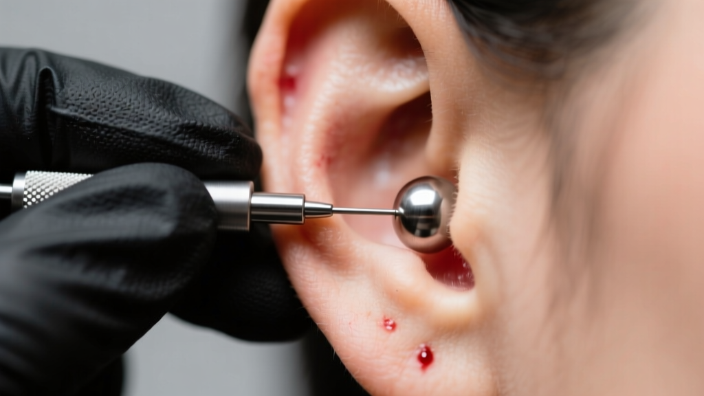 Close-up of a piercer in black gloves inserting an implant-grade titanium flat-back labret into a freshly pierced earlobe.