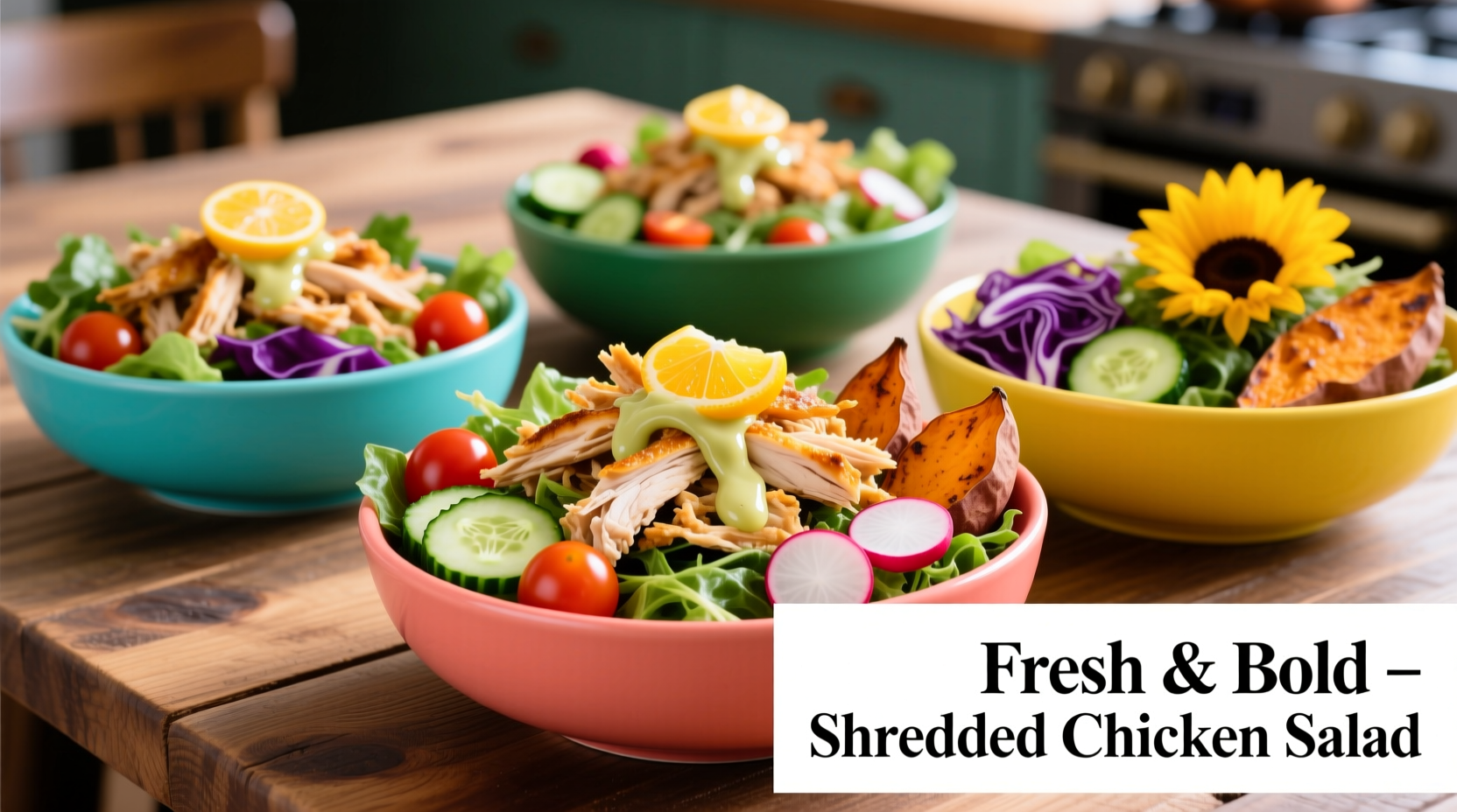 Shredded chicken in colorful salad bowls