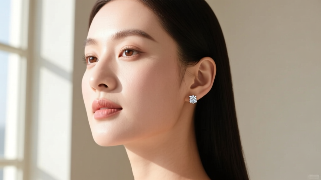 Profile of a woman with a round face wearing .25 carat diamond studs, showing how smaller stones offer a subtle, balanced look