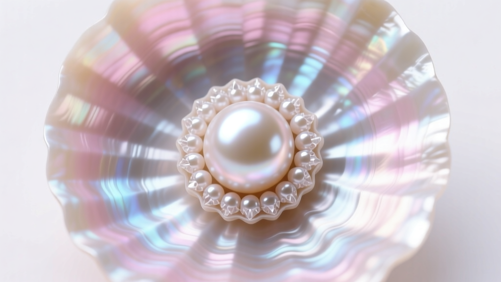 Cross-section photo of a bead-nucleated pearl, revealing concentric nacre layers over a central mother-of-pearl nucleus sphere.