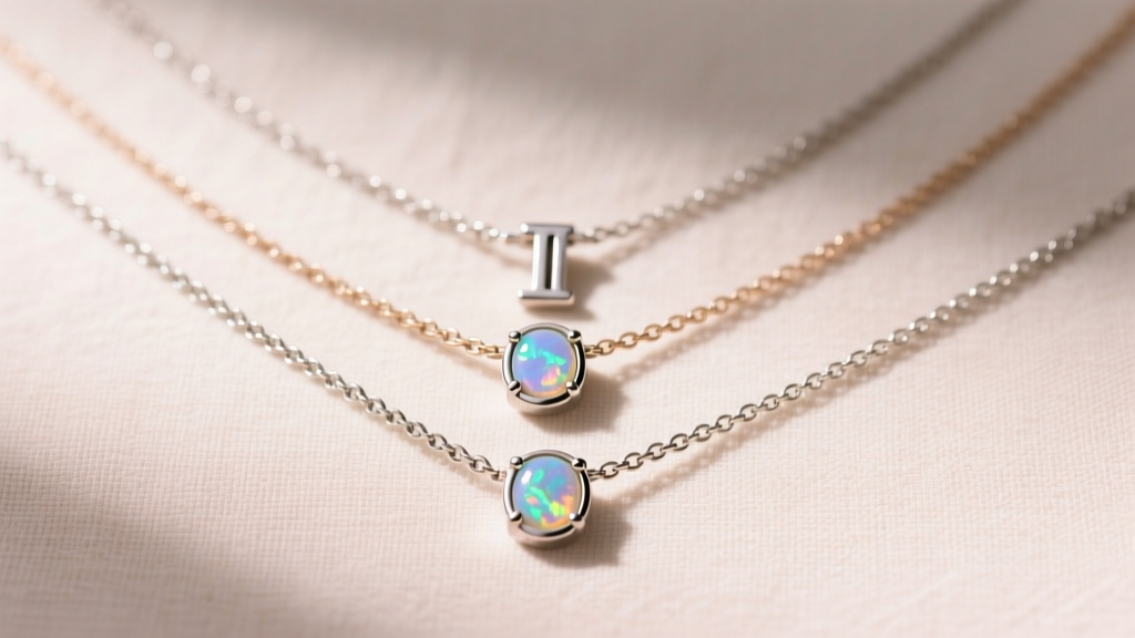 Flat lay of three layered titanium teen necklaces with small bezel-set opal and initial pendants on a soft pastel linen background.