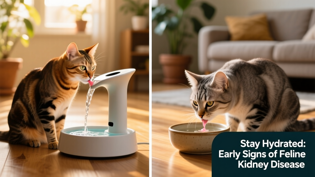 Side-by-side comparison: a healthy cat drinking from a fountain and a senior cat near a shallow water bowl, illustrating hydration importance