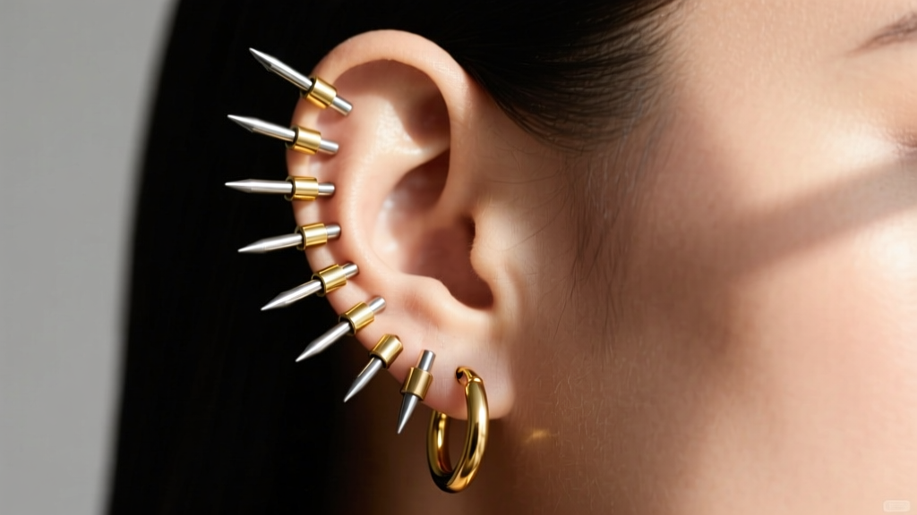 Asymmetrical ear stack featuring 16-gauge titanium labrets and 14k gold huggies worn exclusively on the left ear cartilage area.