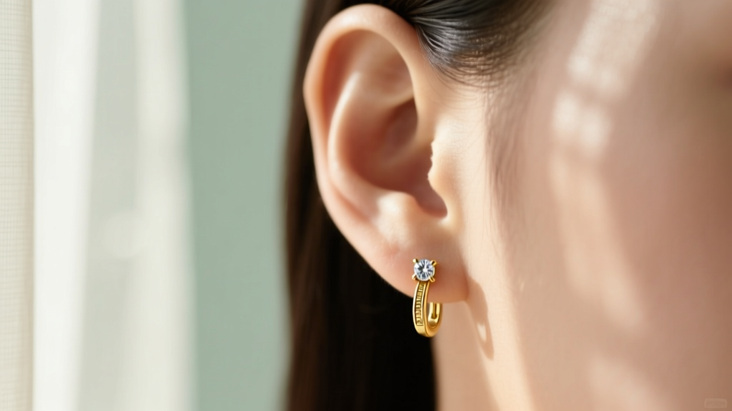 Close-up of an ear wearing a delicate 14k gold pull through earring with a diamond accent, softly lit against a blurred backdrop.