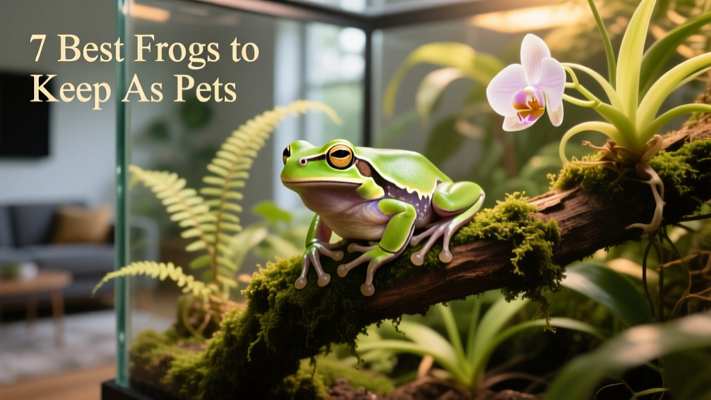 White's tree frog perched on a mossy branch in a well-planted terrarium