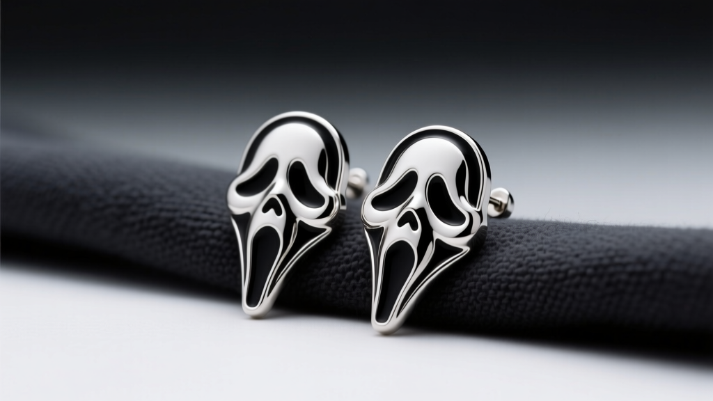 Sterling silver Ghostface mask earrings with black enamel resting on a dark microfiber cloth under soft, diffused studio lighting.