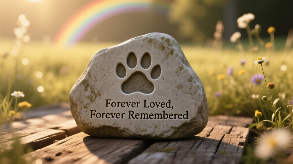 A soft-focus image of a handmade memorial stone engraved with a paw print and the words 'Forever Loved, Forever Remembered'