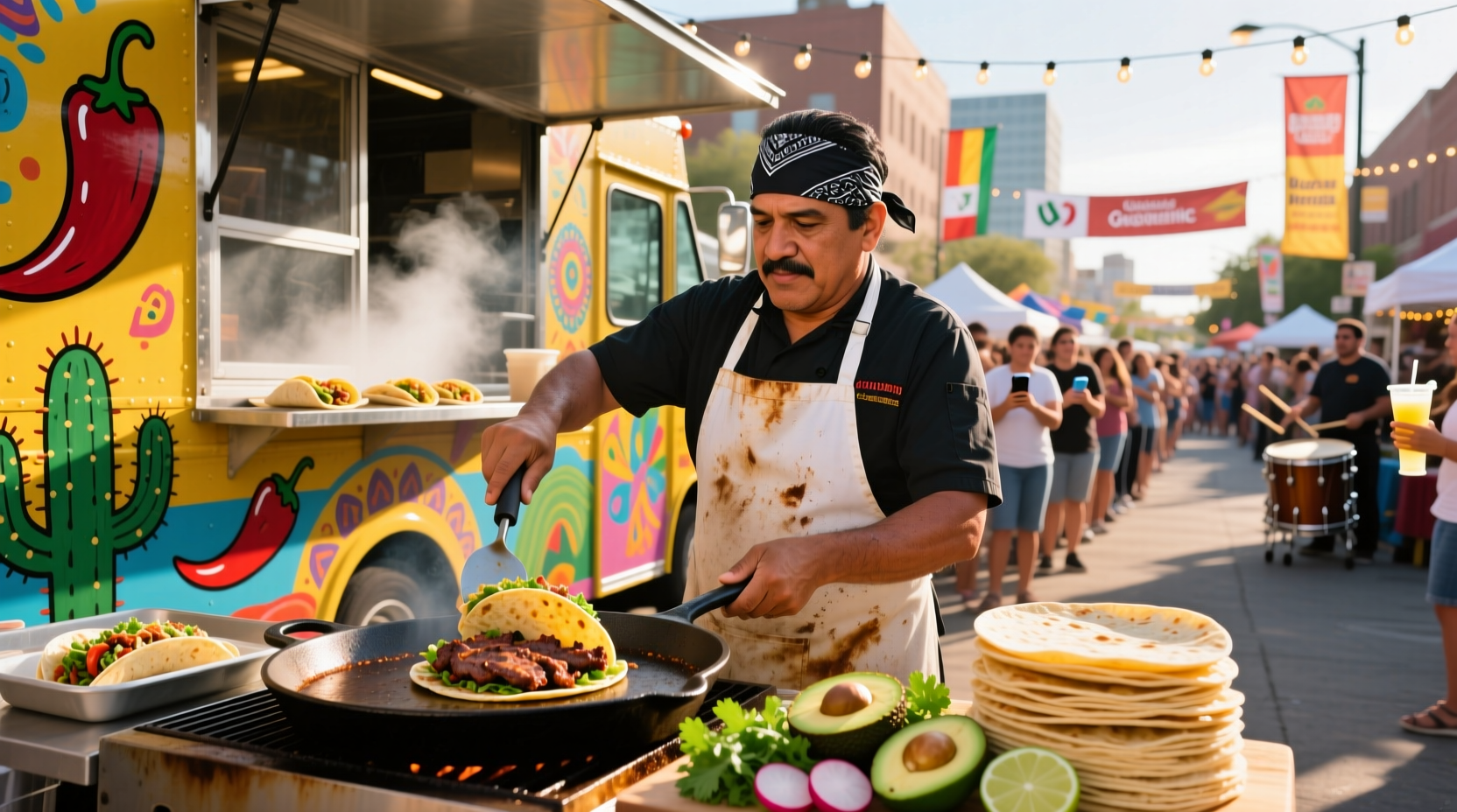 Food truck owner preparing gourmet tacos at a busy street festival