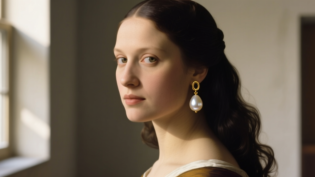 Woman wearing a large teardrop pearl earring on a gold leverback, lit by soft window light mimicking classic Dutch painting styles