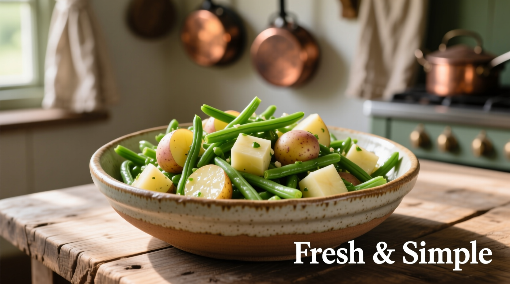 Fresh potato green bean salad in ceramic bowl