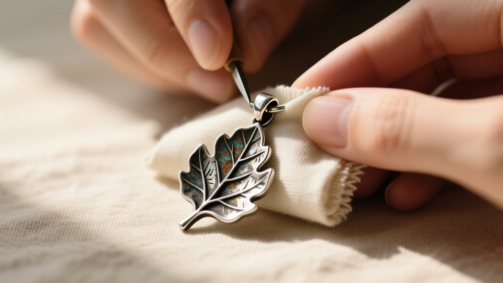 Hands gently polishing an oxidized sterling silver nature pendant with a microfiber cloth, highlighting the darkened rustic patina