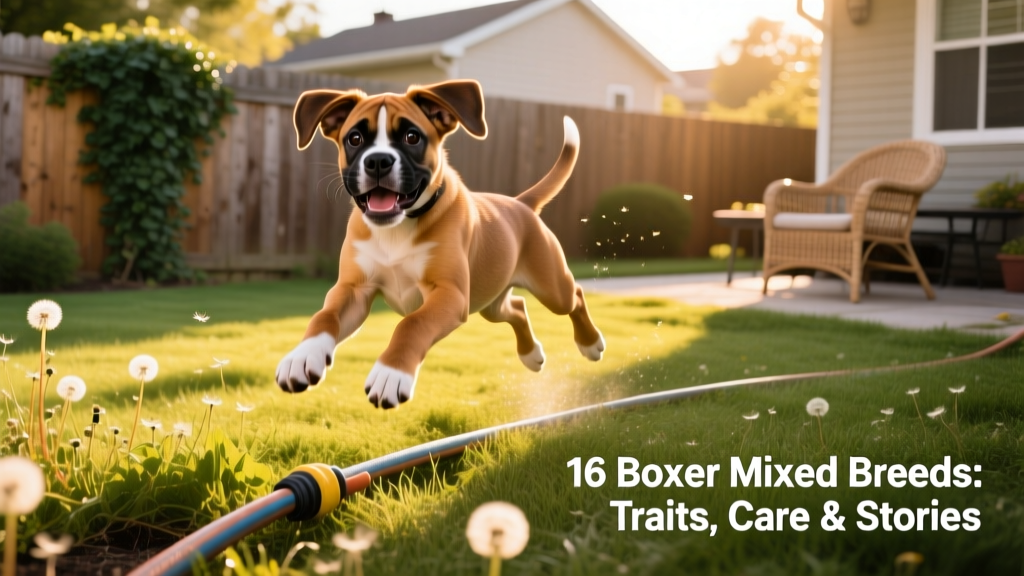 A playful Boxer-Labrador mix puppy jumping in a sunlit backyard